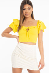 Yellow Cold Shoulder Lace Up Bardot Crop Top - Kenndra-Crop Tops