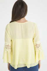 Yellow Crochet Detail Bell Sleeve Layered Top - Fiona-Tops