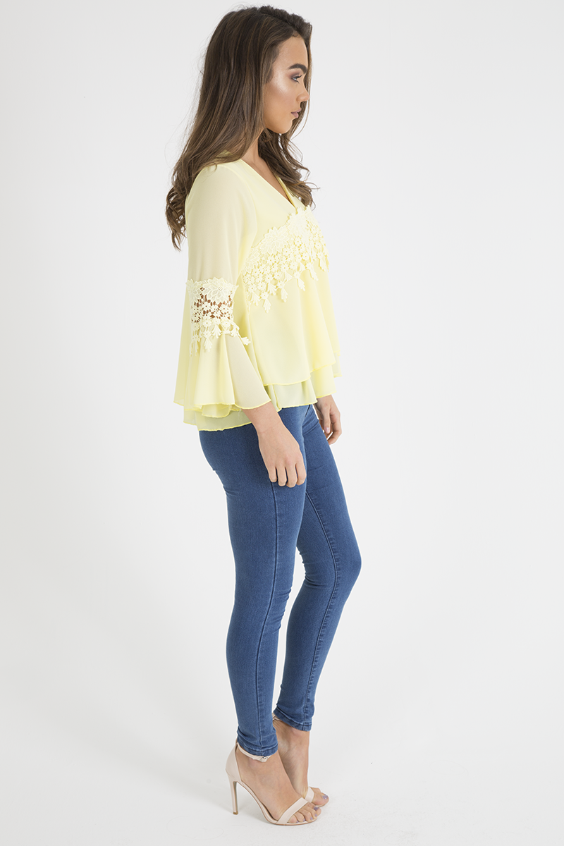 Yellow Crochet Detail Bell Sleeve Layered Top - Fiona-Tops