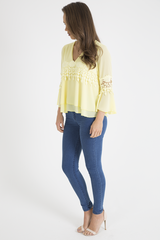 Yellow Crochet Detail Bell Sleeve Layered Top - Fiona-Tops