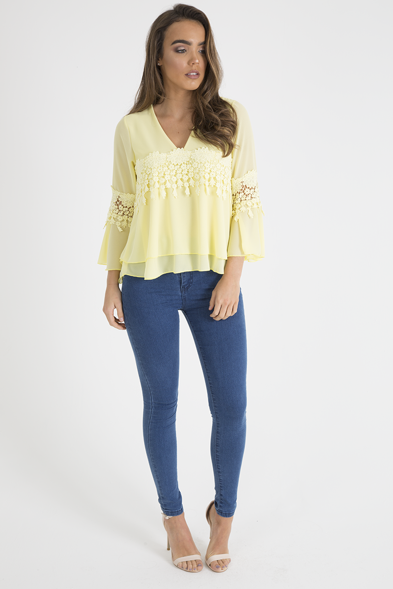 Yellow Crochet Detail Bell Sleeve Layered Top - Fiona-Tops
