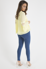 Yellow Crochet Detail Bell Sleeve Layered Top - Fiona-Tops