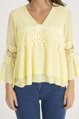 Yellow Crochet Detail Bell Sleeve Layered Top - Fiona-Tops