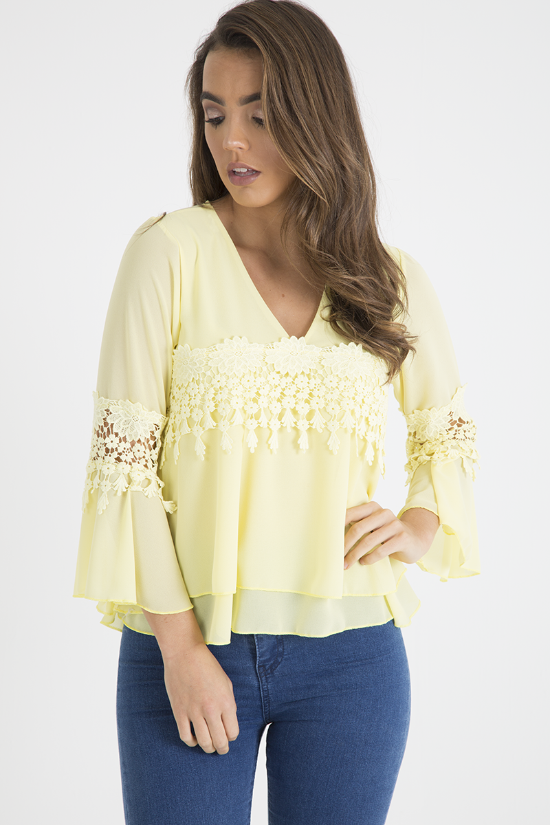 Yellow Crochet Detail Bell Sleeve Layered Top - Fiona-Tops
