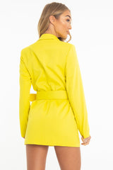 Yellow Double Breasted Button Front Belted Blazer - Huda-Blazers