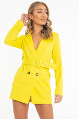 Yellow Double Breasted Button Front Belted Blazer - Huda-Blazers