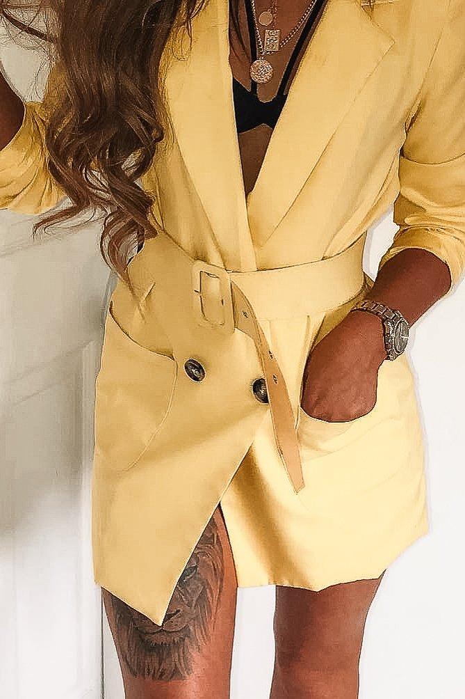 Yellow Double Breasted Button Front Belted Blazer - Huda-Blazers