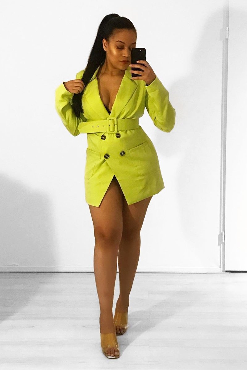 Yellow Double Breasted Button Front Belted Blazer - Huda-Blazers
