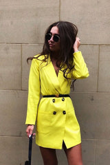 Yellow Double Breasted Button Front Belted Blazer - Huda-Blazers