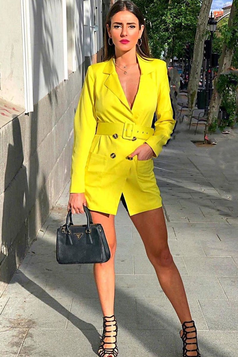 Yellow Double Breasted Button Front Belted Blazer - Huda-Blazers