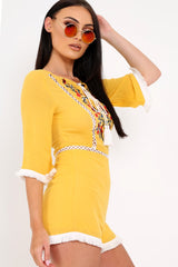 Yellow Embroided Frill Hem Playsuit - Novia-Playsuits