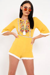 Yellow Embroided Frill Hem Playsuit - Novia-Playsuits