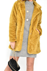 Yellow Faux Fur Popper Button Coat - Clarisa-Coats