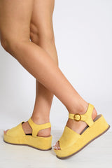 Yellow Faux Suede Peep Toe Flatforms - Bernetta-Wedges