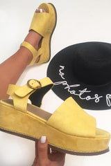 Yellow Faux Suede Peep Toe Flatforms - Bernetta-Wedges