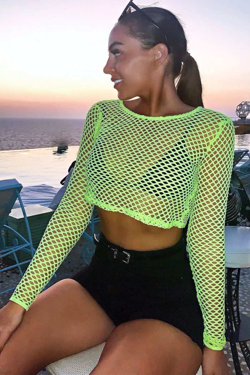 Yellow Fish Net Long Sleeved Crop Top - Ivory-Crop Tops
