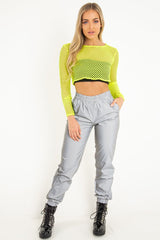 Yellow Fish Net Long Sleeved Crop Top - Ivory-Crop Tops
