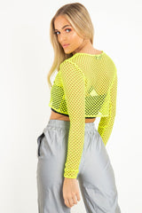 Yellow Fish Net Long Sleeved Crop Top - Ivory-Crop Tops