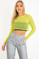 Yellow Fish Net Long Sleeved Crop Top - Ivory-Crop Tops