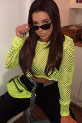 Yellow Fish Net Long Sleeved Crop Top - Ivory-Crop Tops