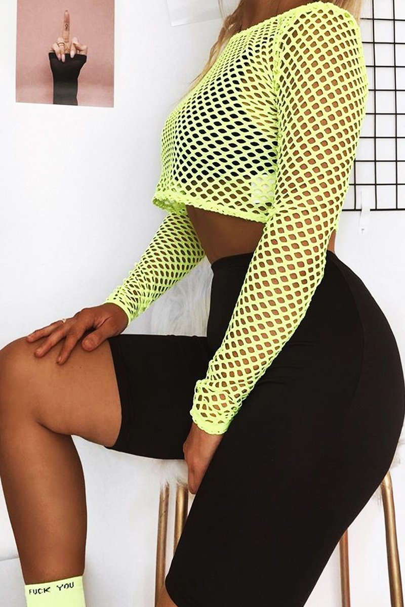 Yellow Fish Net Long Sleeved Crop Top - Ivory-Crop Tops