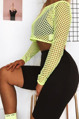 Yellow Fish Net Long Sleeved Crop Top - Ivory-Crop Tops
