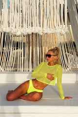 Yellow Fish Net Long Sleeved Crop Top - Ivory-Crop Tops