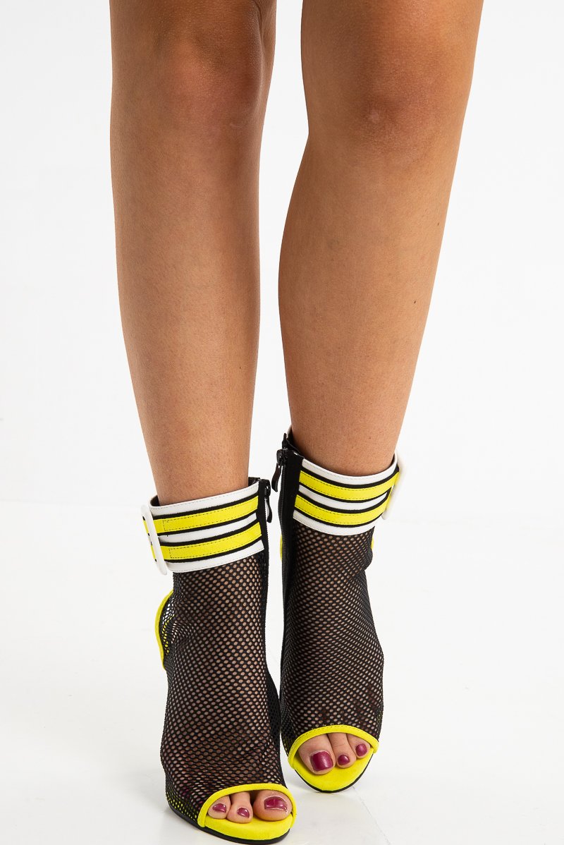 Yellow Fishnet Mesh White Square Buckle Stiletto Boots - Hanaa-Heels