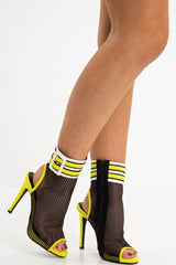 Yellow Fishnet Mesh White Square Buckle Stiletto Boots - Hanaa-Heels