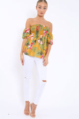Yellow Floral Bardot Top with Shirred Bust - Dorris-Tops
