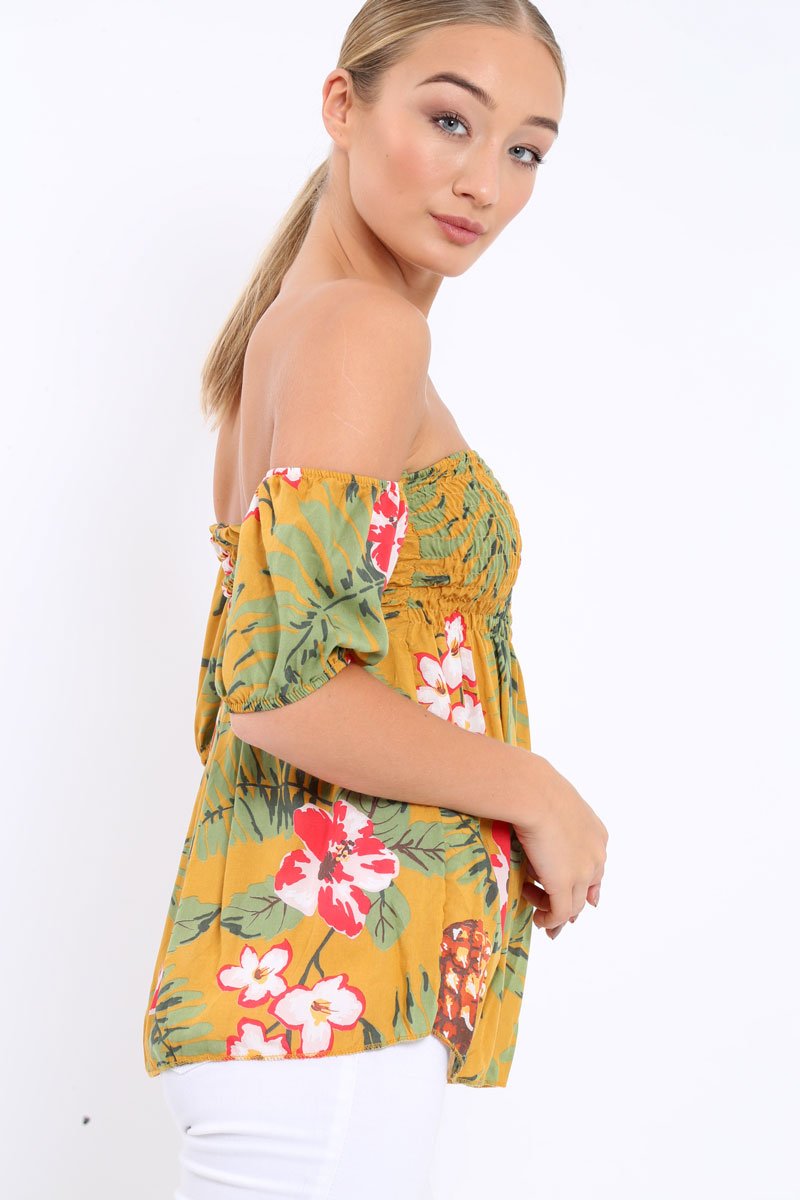 Yellow Floral Bardot Top with Shirred Bust - Dorris-Tops