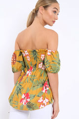 Yellow Floral Bardot Top with Shirred Bust - Dorris-Tops