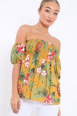 Yellow Floral Bardot Top with Shirred Bust - Dorris-Tops