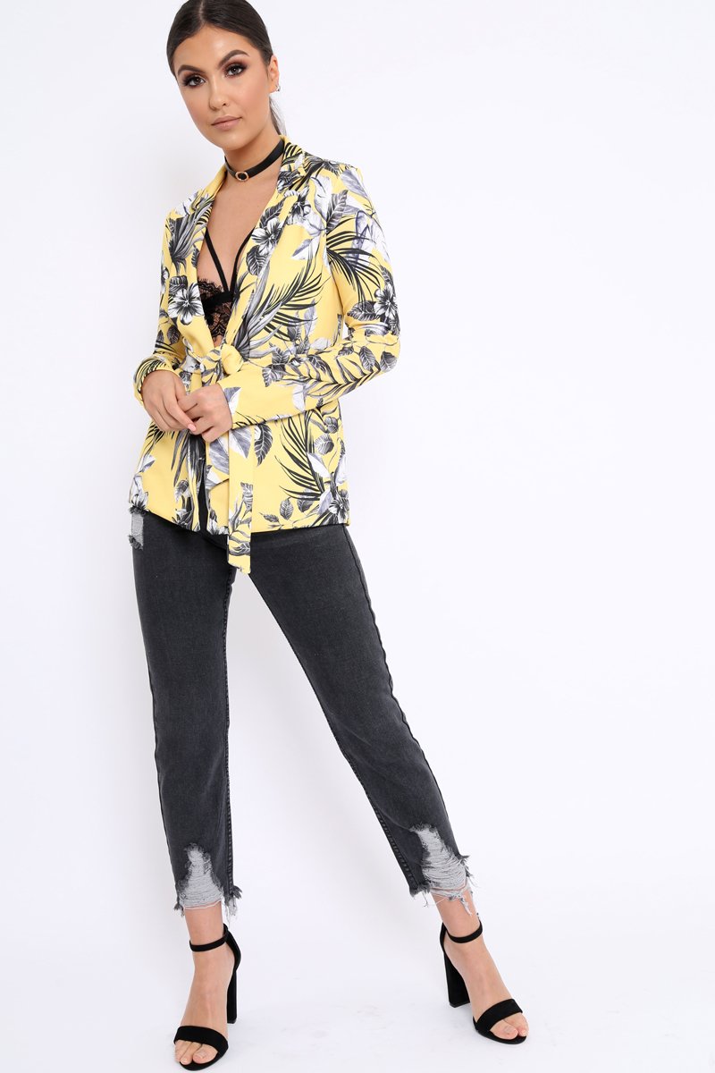 Yellow Floral Belted Blazer - Kenna-Tops