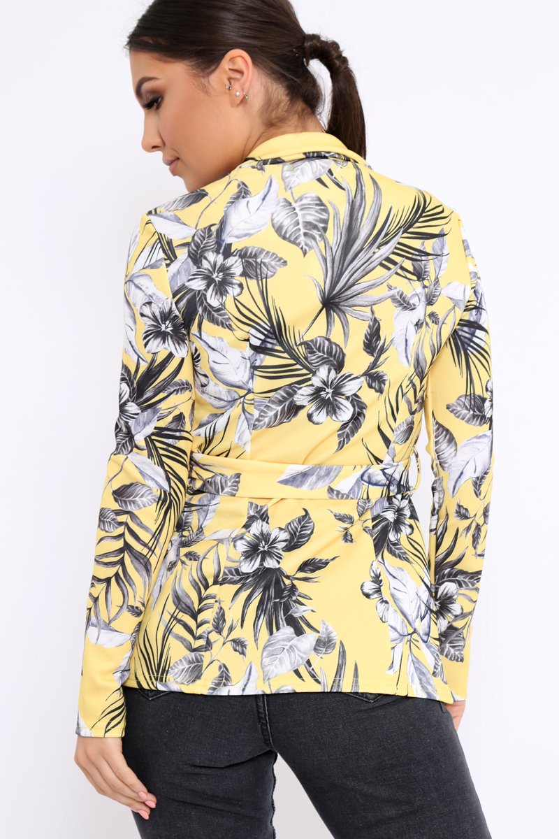 Yellow Floral Belted Blazer - Kenna-Tops