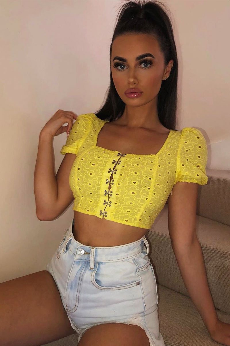 Yellow Floral Hook And Eye Puff Sleeve Crop Top - Libbie-Crop Tops