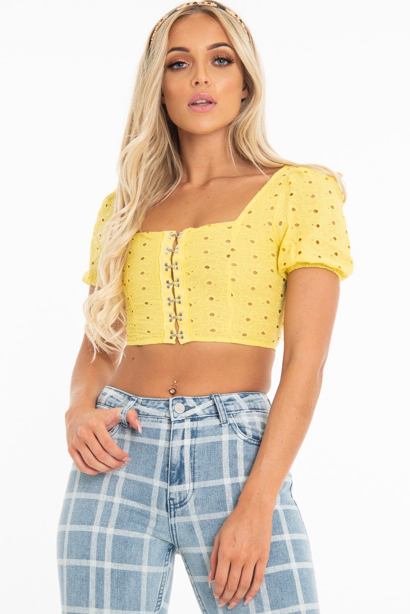 Yellow Floral Hook And Eye Puff Sleeve Crop Top - Libbie-Crop Tops