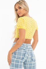 Yellow Floral Hook And Eye Puff Sleeve Crop Top - Libbie-Crop Tops