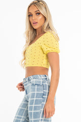 Yellow Floral Hook And Eye Puff Sleeve Crop Top - Libbie-Crop Tops
