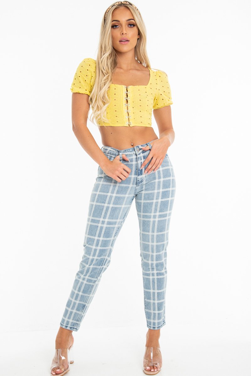 Yellow Floral Hook And Eye Puff Sleeve Crop Top - Libbie-Crop Tops