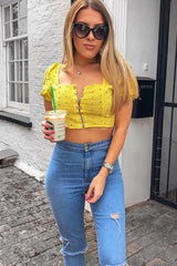 Yellow Floral Hook And Eye Puff Sleeve Crop Top - Libbie-Crop Tops