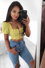 Yellow Floral Hook And Eye Puff Sleeve Crop Top - Libbie-Crop Tops