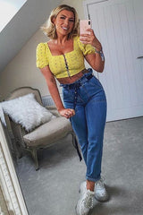Yellow Floral Hook And Eye Puff Sleeve Crop Top - Libbie-Crop Tops