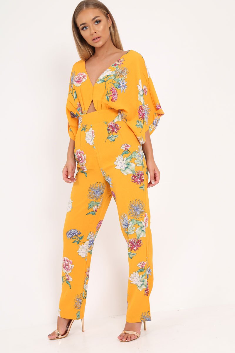 Yellow Floral Kimono Sleeve Jumpsuit - Pilar-Jumpsuits