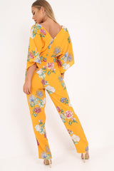 Yellow Floral Kimono Sleeve Jumpsuit - Pilar-Jumpsuits
