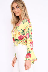 Yellow Floral Plunge Gypsy Crop Top - Tiegan-Tops