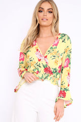 Yellow Floral Plunge Gypsy Crop Top - Tiegan-Tops