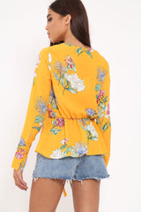 Yellow Floral Plunge Tie Front Shirt - Halina-Shirts