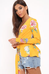 Yellow Floral Plunge Tie Front Shirt - Halina-Shirts