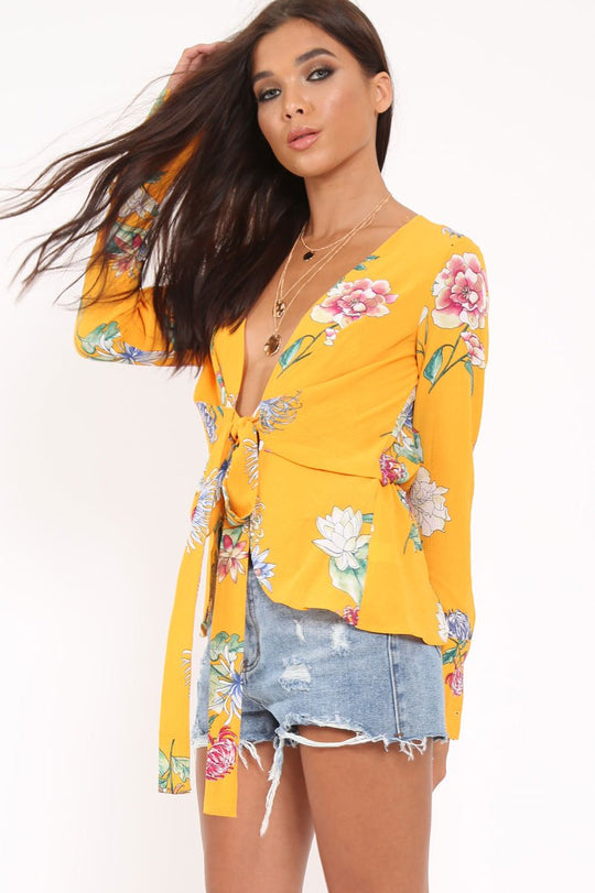 Yellow Floral Plunge Tie Front Shirt - Halina
